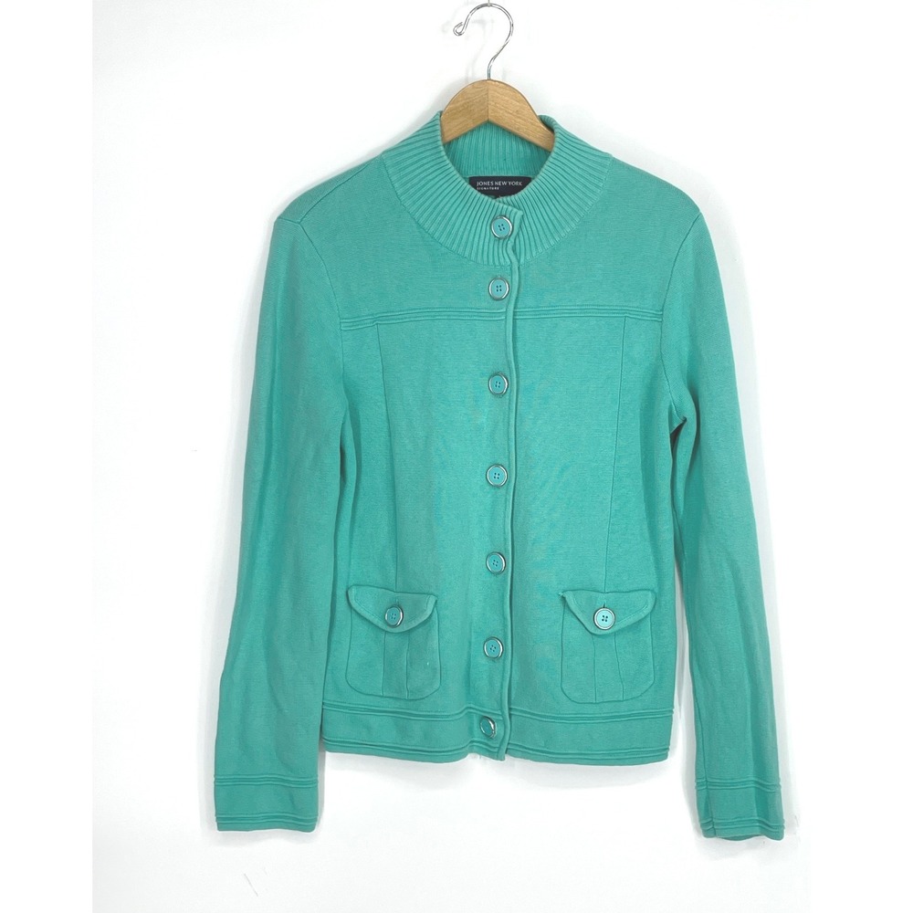 Jones New York Womens Cardigan Large Sweater Teal Green Mock Neck Preppy